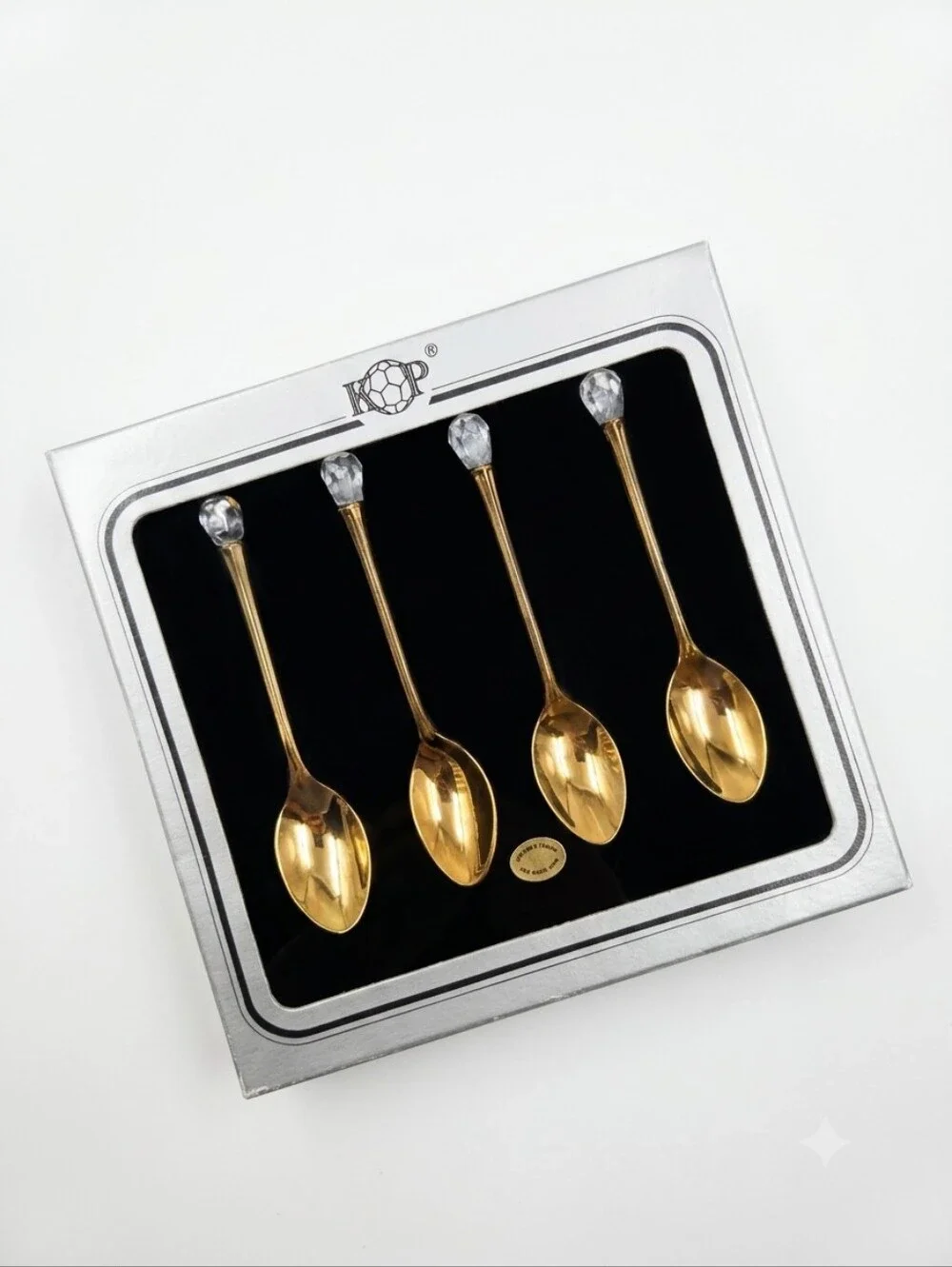 KP 24K Gold Plated Demitasse Spoons Set 4 Swarovski Strass Crystal Vintage Box